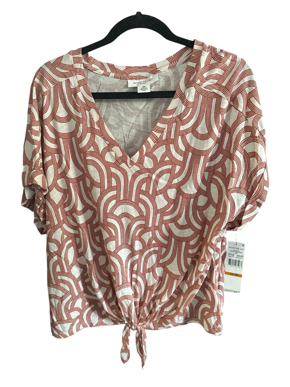 Skies the limit size 3X Women's Cream & Rust Geometric V-Neck Tie-Front Top New